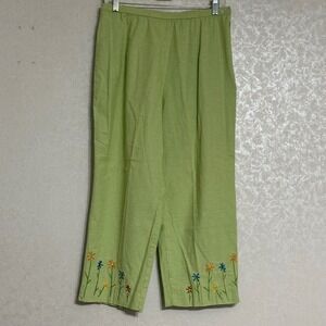 Stonebridge Floral Embroidered Gingham Cropped Pants Green White Whimsical Sz 6